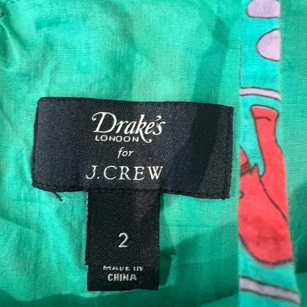 J CREW Drakes London Green Midi Dress Sz 2 Elephant Birds Animal Print Fit Flare